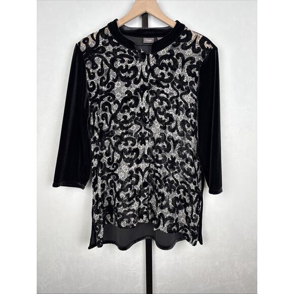 Chico's Travelers Black Velvet Swirl Button Up Blouse Women's L Artsy Sheer - Picture 1 of 13